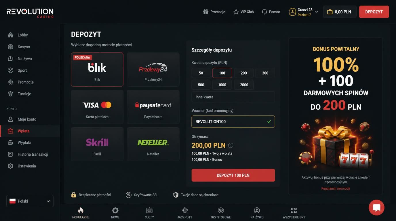 interfejs z ofertą bonusu powitalnego Revolution Casino