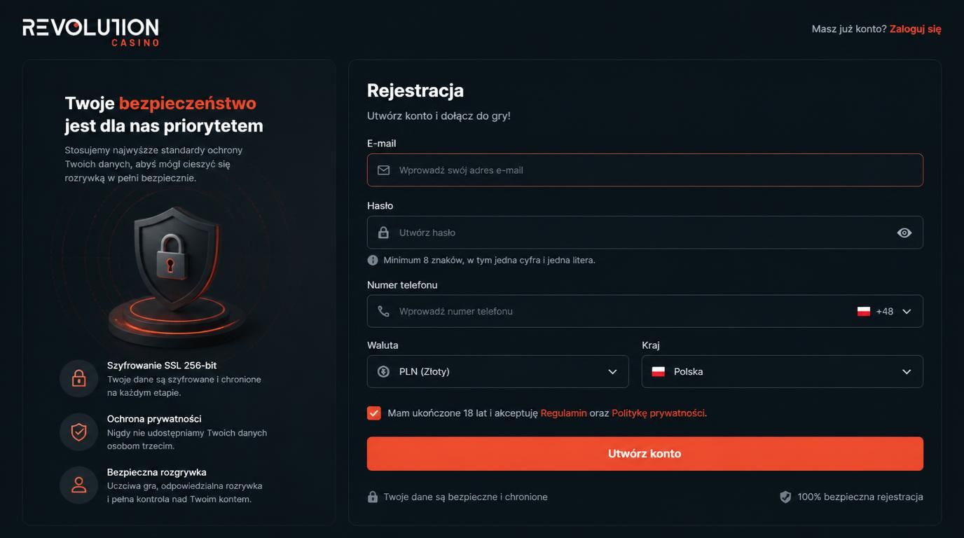 Ekran rejestracji konta z informacją „Prywatność i bezpieczeństwo” po polsku