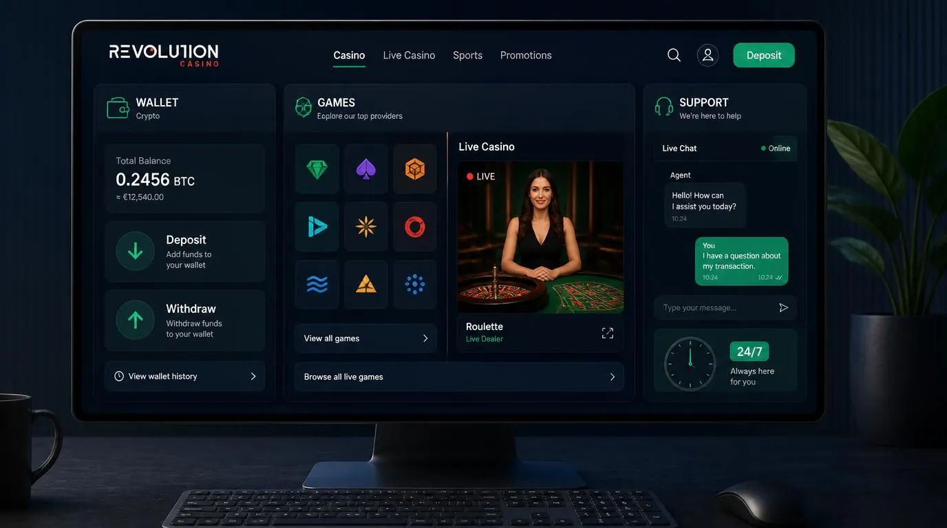 Panel kasyna z wpłatą i wypłatą kryptowalut, wyborem dostawców, grami na żywo oraz czatem 24/7