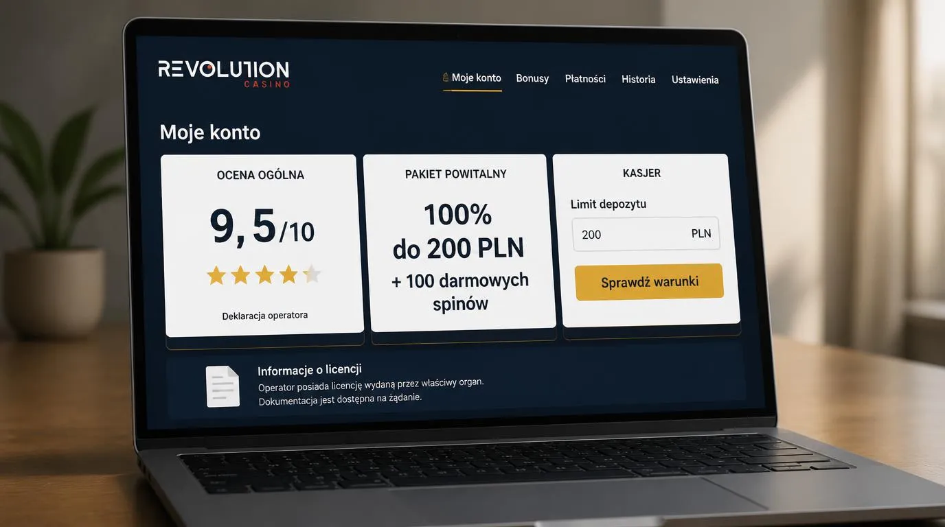 Panel kasyna z oceną 9,5/10 oznaczoną jako deklaracja operatora, ofertą powitalną i ustawieniami limitu wpłat
